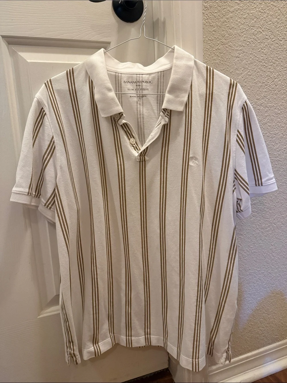 Banana Republic White Polo with Tan Vertical Stripes